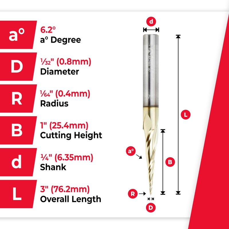 Amana Tool Up Cut Spiral CNC Router Bits for 2D/3D Carving, ZrN Coated, 46280, 6.2 Deg Tapered Angle Ball Tip x 1/32 D x 1/64 R x 1 x 1/4 Shank 3 Fl - Image 4